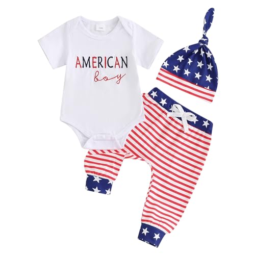 Twopumpkin Newborn 4th Of July Outfit Baby Boy My First Fourth of July Outfits Onesie Romper+Pants+Hat Infant Clothes Set (American Boy Red, 0-3 Months)