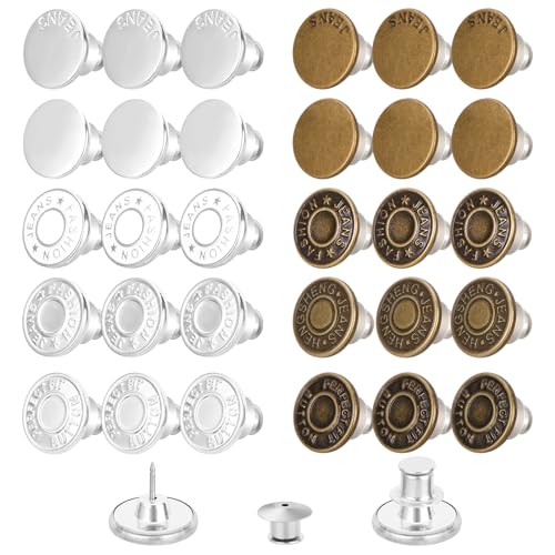 Feeona 30 Sets Jean Buttons Pins, 17mm Jean Buttons for Loose Jeans, No Sew No Tools Instant Replacement Snap Tack Pant Jean Buttons Reusable and Adjustable Metal Pants Button Tightener