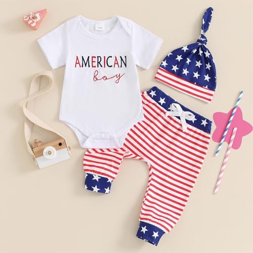 Twopumpkin Newborn 4th Of July Outfit Baby Boy My First Fourth of July Outfits Onesie Romper+Pants+Hat Infant Clothes Set (American Boy Red, 0-3 Months)
