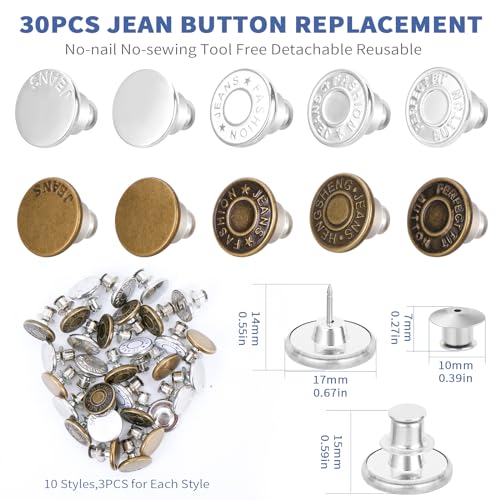 Feeona 30 Sets Jean Buttons Pins, 17mm Jean Buttons for Loose Jeans, No Sew No Tools Instant Replacement Snap Tack Pant Jean Buttons Reusable and Adjustable Metal Pants Button Tightener