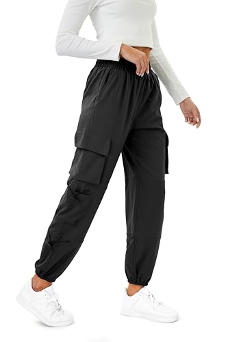 COPYLEAF Womens Parachute Cargo Pants with Pockets Quick Dry Hiking Pants Lightweight Waterproof Baggy Joggers(Black M)