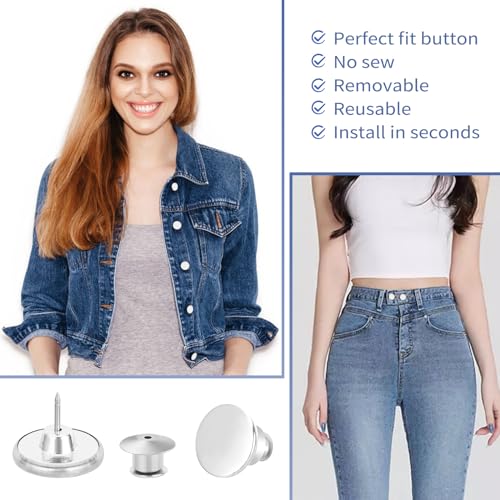 Feeona 30 Sets Jean Buttons Pins, 17mm Jean Buttons for Loose Jeans, No Sew No Tools Instant Replacement Snap Tack Pant Jean Buttons Reusable and Adjustable Metal Pants Button Tightener