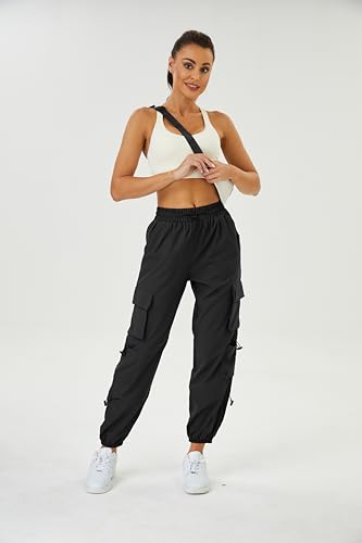 COPYLEAF Womens Parachute Cargo Pants with Pockets Quick Dry Hiking Pants Lightweight Waterproof Baggy Joggers(Black M)