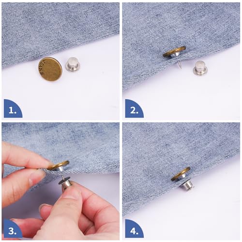 Feeona 30 Sets Jean Buttons Pins, 17mm Jean Buttons for Loose Jeans, No Sew No Tools Instant Replacement Snap Tack Pant Jean Buttons Reusable and Adjustable Metal Pants Button Tightener