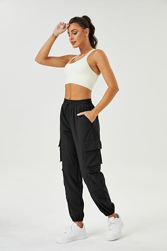 COPYLEAF Womens Parachute Cargo Pants with Pockets Quick Dry Hiking Pants Lightweight Waterproof Baggy Joggers(Black M)