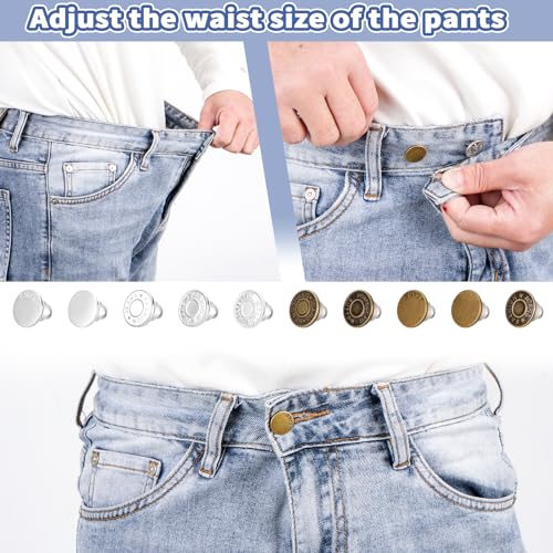 Feeona 30 Sets Jean Buttons Pins, 17mm Jean Buttons for Loose Jeans, No Sew No Tools Instant Replacement Snap Tack Pant Jean Buttons Reusable and Adjustable Metal Pants Button Tightener