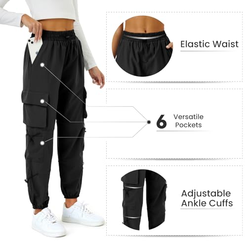 COPYLEAF Womens Parachute Cargo Pants with Pockets Quick Dry Hiking Pants Lightweight Waterproof Baggy Joggers(Black M)
