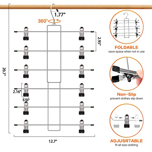 Closet Organizers and Storage, 6 Tier Storage and Organization Pants Hangers Space Saving, Metal Skirt Hangers with Adjustable Clip, 360° Swivel Hook, Dorm Room Essentials for College Students Girls