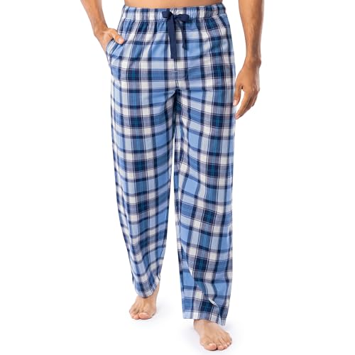 IZOD Men's Relaxed Fit Printed Poplin Drawstring Sleep Pajama Pant, Blue/White Plaid, Large