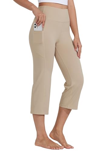 Willit Women's Yoga Capris Pants High Waist Leggings Crop Athletic Exercise Workout Capris Straight Leg 21" Khaki M