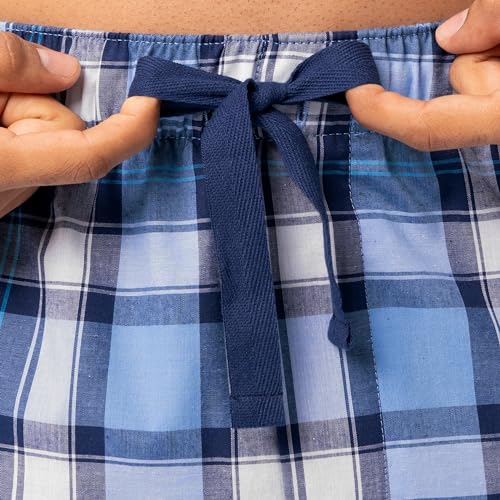 IZOD Men's Relaxed Fit Printed Poplin Drawstring Sleep Pajama Pant, Blue/White Plaid, Large