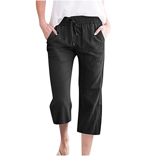Generic Ladies Capri Pants, Linen Pants Women Summer, Capri Pants for Women Casual 2024 Summer Drawstring Elastic High Waist Linen Pants Straight Wide Leg Capris Cropped Trouser C01_Black,XXL