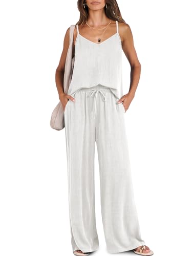 ANRABESS Women's 2 Piece Linen Lounge Set Casual Matching Pants Jumpsuit Summer Beach Travel Vacation Trendy Outfits White Medium