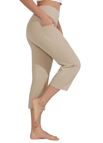 Willit Women's Yoga Capris Pants High Waist Leggings Crop Athletic Exercise Workout Capris Straight Leg 21" Khaki M