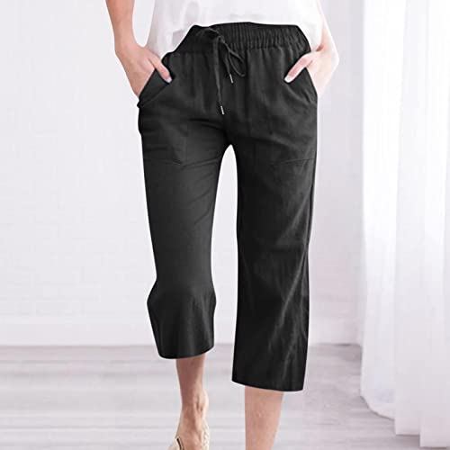 Generic Ladies Capri Pants, Linen Pants Women Summer, Capri Pants for Women Casual 2024 Summer Drawstring Elastic High Waist Linen Pants Straight Wide Leg Capris Cropped Trouser C01_Black,XXL