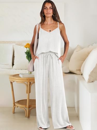 ANRABESS Women's 2 Piece Linen Lounge Set Casual Matching Pants Jumpsuit Summer Beach Travel Vacation Trendy Outfits White Medium
