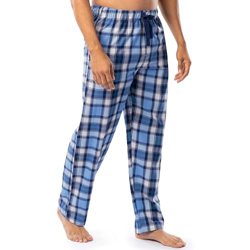 IZOD Men's Relaxed Fit Printed Poplin Drawstring Sleep Pajama Pant, Blue/White Plaid, Large