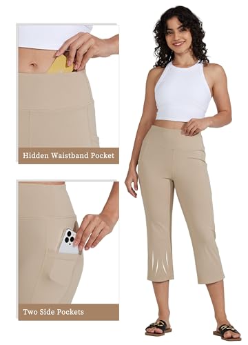 Willit Women's Yoga Capris Pants High Waist Leggings Crop Athletic Exercise Workout Capris Straight Leg 21" Khaki M