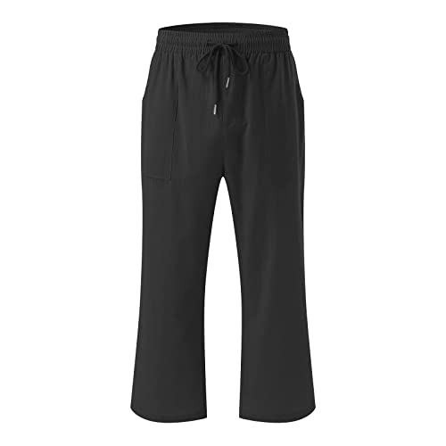 Generic Ladies Capri Pants, Linen Pants Women Summer, Capri Pants for Women Casual 2024 Summer Drawstring Elastic High Waist Linen Pants Straight Wide Leg Capris Cropped Trouser C01_Black,XXL