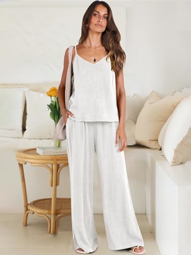 ANRABESS Women's 2 Piece Linen Lounge Set Casual Matching Pants Jumpsuit Summer Beach Travel Vacation Trendy Outfits White Medium