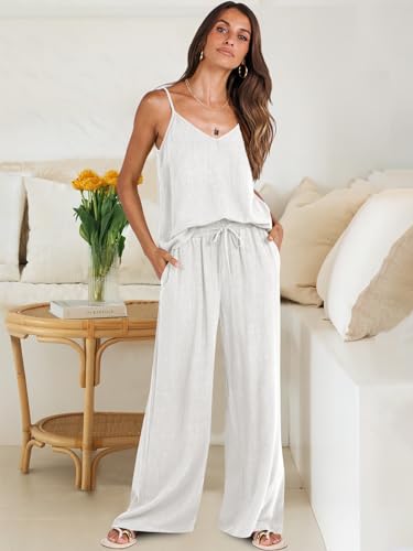 ANRABESS Women's 2 Piece Linen Lounge Set Casual Matching Pants Jumpsuit Summer Beach Travel Vacation Trendy Outfits White Medium