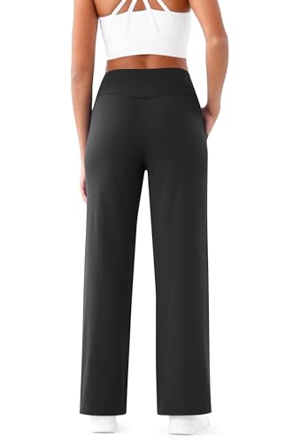 Maxbee Wide Leg Pants for Women Casual Work Pants Crossover High Waisted Yoga Pants with Pockets Black
