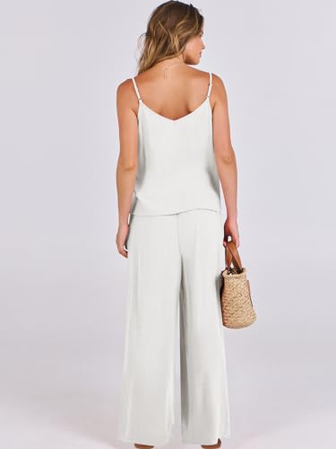 ANRABESS Women's 2 Piece Linen Lounge Set Casual Matching Pants Jumpsuit Summer Beach Travel Vacation Trendy Outfits White Medium