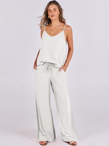 ANRABESS Women's 2 Piece Linen Lounge Set Casual Matching Pants Jumpsuit Summer Beach Travel Vacation Trendy Outfits White Medium