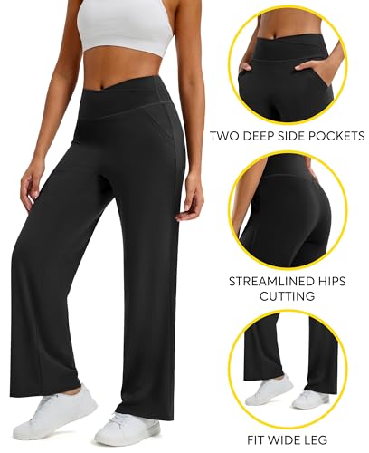 Maxbee Wide Leg Pants for Women Casual Work Pants Crossover High Waisted Yoga Pants with Pockets Black