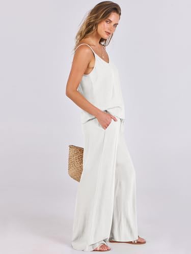 ANRABESS Women's 2 Piece Linen Lounge Set Casual Matching Pants Jumpsuit Summer Beach Travel Vacation Trendy Outfits White Medium