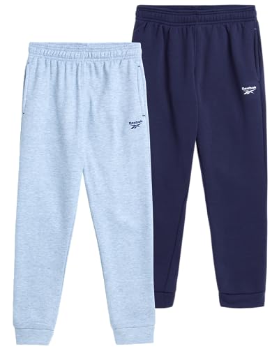 Reebok Boys' Active Joggers - 2 Pack Fleece Athletic Sweatpants (Size: 8-20), Size 7, Grey Heather/Navy