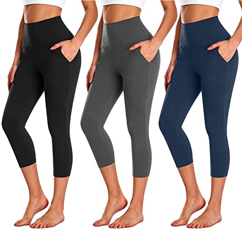 NEW YOUNG 3 Pack Capri Leggings for Women with Pockets-High Waisted Tummy Control Workout Gym Yoga Pants