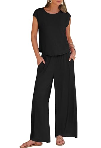 MEROKEETY 2024 Two Piece Outfits for Women Lightweight Matching Lounge Sets Cap Sleeve Top and Elastic Waisted Pants Set Black L