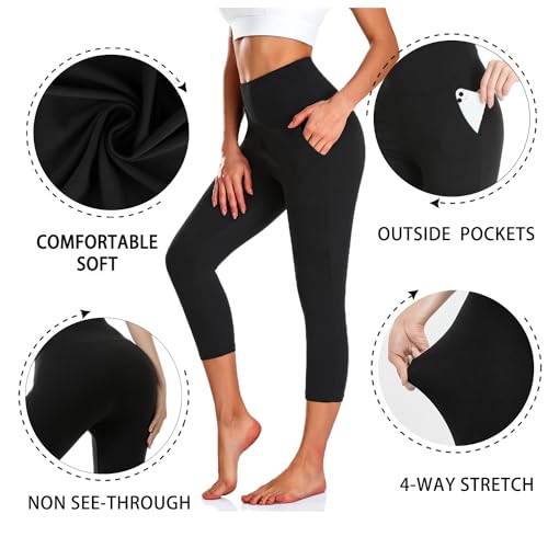 NEW YOUNG 3 Pack Capri Leggings for Women with Pockets-High Waisted Tummy Control Workout Gym Yoga Pants