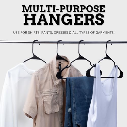 Our Modern Space 100 PACK Plastic Hanger for Shirt Pants Coats Dresses Skirts Suits Jackets - Standard Thick Coat Hanger - Sturdy & Durable Design with Shoulder Grooves Hook - BLACK