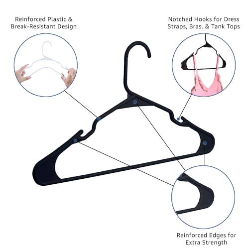 Our Modern Space 100 PACK Plastic Hanger for Shirt Pants Coats Dresses Skirts Suits Jackets - Standard Thick Coat Hanger - Sturdy & Durable Design with Shoulder Grooves Hook - BLACK