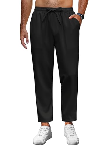COOFANDY Mens Casual Pants Lightweight Drawstring Beach Pants Elastic Waist Linen Cropped Pants Black
