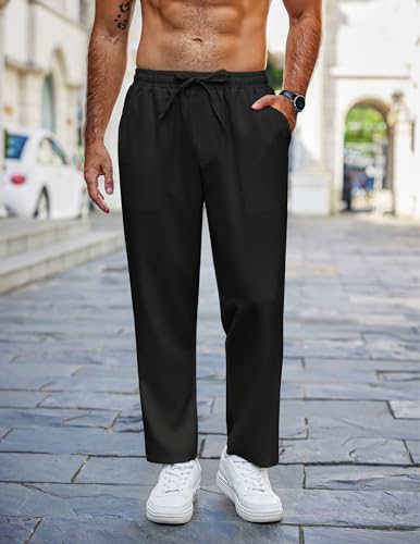 COOFANDY Mens Casual Pants Lightweight Drawstring Beach Pants Elastic Waist Linen Cropped Pants Black