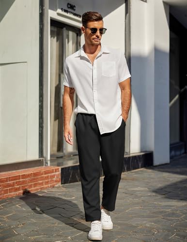 COOFANDY Mens Casual Pants Lightweight Drawstring Beach Pants Elastic Waist Linen Cropped Pants Black