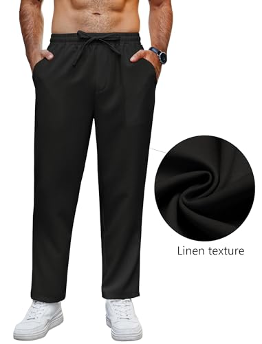 COOFANDY Mens Casual Pants Lightweight Drawstring Beach Pants Elastic Waist Linen Cropped Pants Black