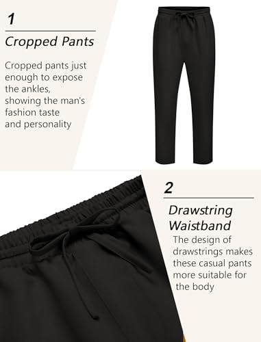COOFANDY Mens Casual Pants Lightweight Drawstring Beach Pants Elastic Waist Linen Cropped Pants Black