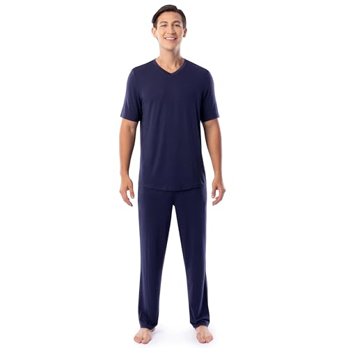 Fruit of the Loom Men's 360 Stretch Short Sleeve V-Neck Top and Pant Sleep Pajama Set, Navy