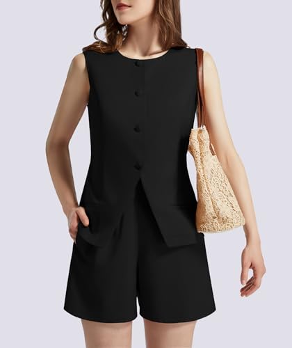 Casly Lamiit Womens Summer Outfits Round Neck Sleeveless Top Matching Set Button Down High Waisted Pants 2024 Trendy Old Money Clothes Lounge Sets Summer Work Travel Beige M