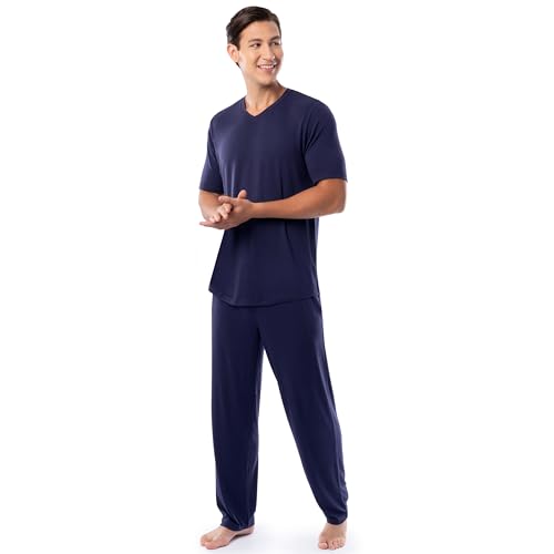 Fruit of the Loom Men's 360 Stretch Short Sleeve V-Neck Top and Pant Sleep Pajama Set, Navy
