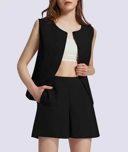 Casly Lamiit Womens Summer Outfits Round Neck Sleeveless Top Matching Set Button Down High Waisted Pants 2024 Trendy Old Money Clothes Lounge Sets Summer Work Travel Beige M