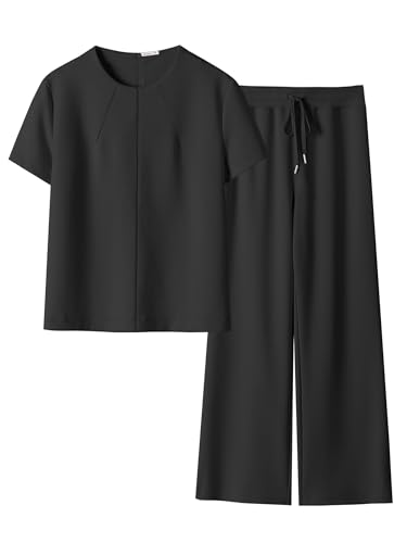ANRABESS Women's 2 Piece Outfits Lounge Sets Summer Casual Short Sleeve Sweatsuits Wide Leg Pants Sweat Set Tracksuit Black Large