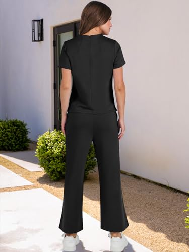 ANRABESS Women's 2 Piece Outfits Lounge Sets Summer Casual Short Sleeve Sweatsuits Wide Leg Pants Sweat Set Tracksuit Black Large