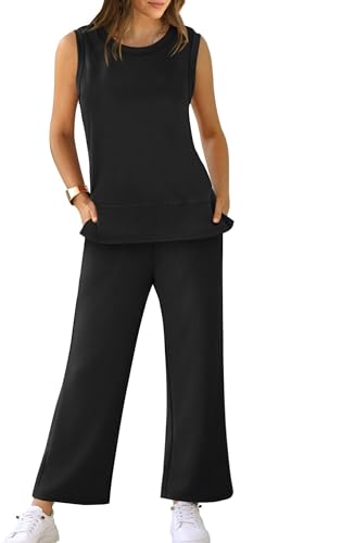 XIEERDUO 2 Piece Outfits for Women Casual Summer Sleeveless Wide Leg Pants Matching Lounge Set Two Travel Airport Tracksuit Spring Clothing Black M
