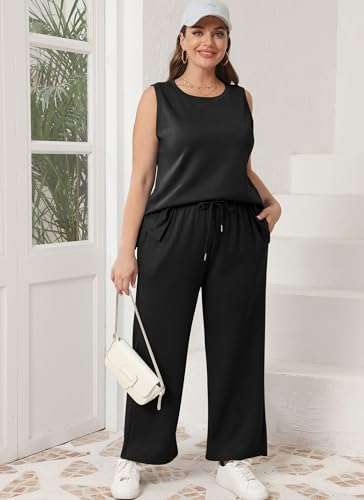 XIEERDUO 2 Piece Outfits for Women Casual Summer Sleeveless Wide Leg Pants Matching Lounge Set Two Travel Airport Tracksuit Spring Clothing Black M