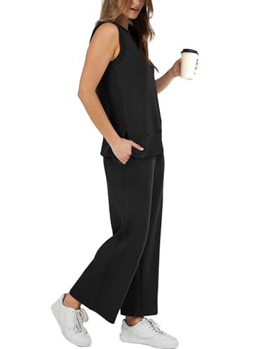 XIEERDUO 2 Piece Outfits for Women Casual Summer Sleeveless Wide Leg Pants Matching Lounge Set Two Travel Airport Tracksuit Spring Clothing Black M